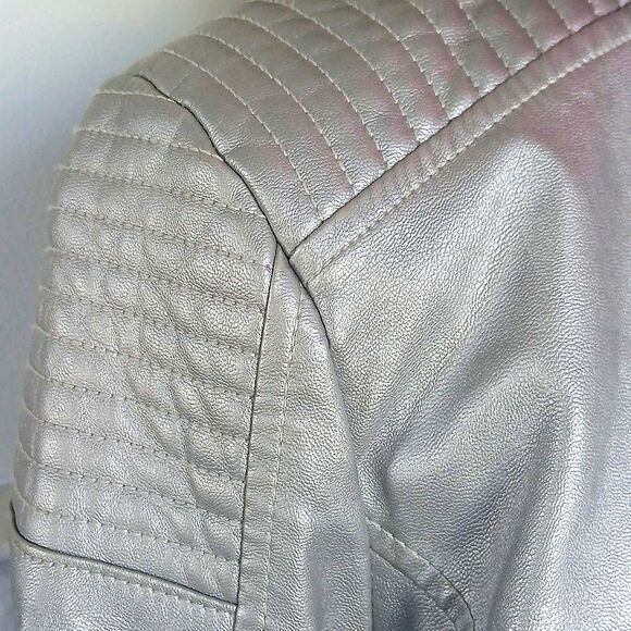 a.n.a. Silver Metallic Vegan Leather Motorcycle Jacket Asymmetrical Design - Picture 2 of 10